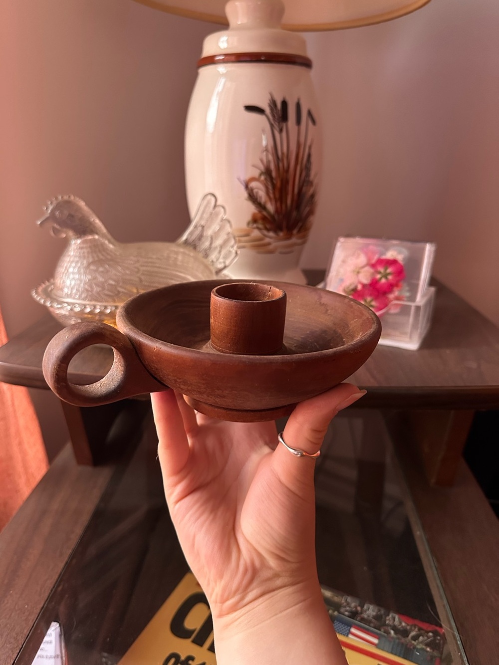 Wooden Chamberstick Candle Holder - Brown